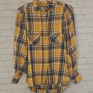 Yellow Blue Plaid Size XS Puffer Sleeve Flannel Cotton Top Shirt Cozy Fall Vibes